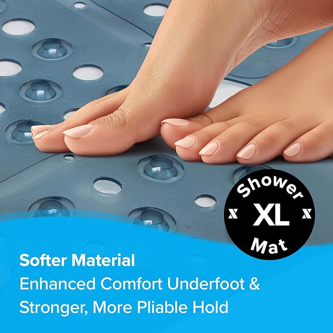 SlipX Solutions 27" Oversize Square Shower Mat, Non-Slip Mat for Elderly & Kids, 100+ Power Grip Suction Cups for Smooth Surfaces, Machine Washable, Dusty Blue