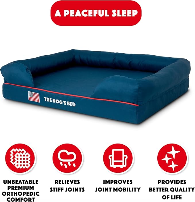 The Dog’s Bed, Large Blue Oxford with Red Trim USA Flag Dog Bed Memory Foam, Pain Relief: Arthritis, Post Surgery, Lameness, Supportive, Calming, Waterproof Washable Cover