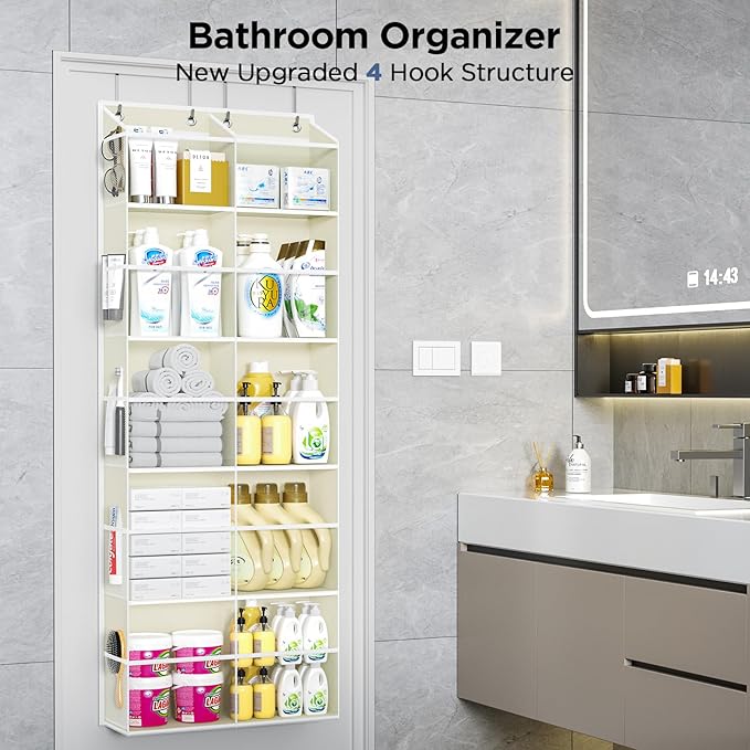 PureSpace 5-Tier Over The Door Organizer with 10 Side Mesh Pockets & Clear Windows, 80 lb Weight Capacity Hanging Storage for Bathroom, Bedroom, Nursery, Kitchen, Organize Toys (Clear Beige)