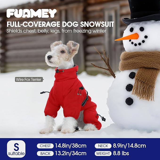 FUAMEY Full Body Dog Coat,Warm Dog Fleece Jackets with Harness Built in Windproof Dogs Snowsuit Zip up Pet Four Legged Pets Jumpsuit Winter Outfit Cold Weather Coats for Extra Small Dogs Red XS