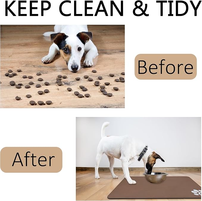 YCT Pet Cat Food Mats - Non Slip Super Absorbent, with Footprints Logo, 18.1 x 11.8 inches, Brown
