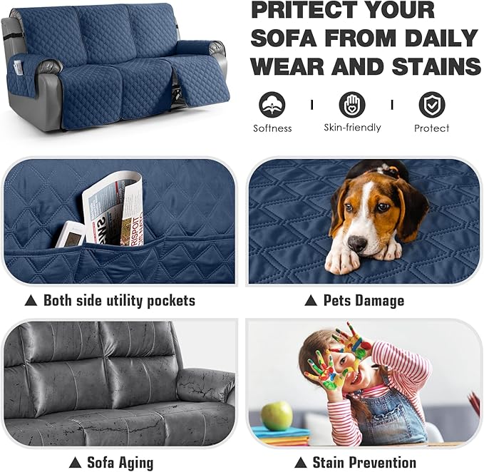 TAOCOCO 100% Waterproof Recliner Couch Covers, Recliner Sofa Covers with Leg Straps, 1-Piece Washable Reclining Sofa Cover with Pocket Couch Protector for Pets Kids(3 Seater, Ocean Blue)