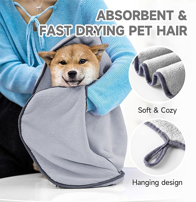 KUEIOX Dog Washing Gloves - Quick Drying Dog Towel,Cat Bath Grooming Gloves Brush with High-Density Teeth for Bathing Massaging，Absorbent Pet Bath Towel 30.3"x13.8" with Hand Pocket for Dog Cat Grey