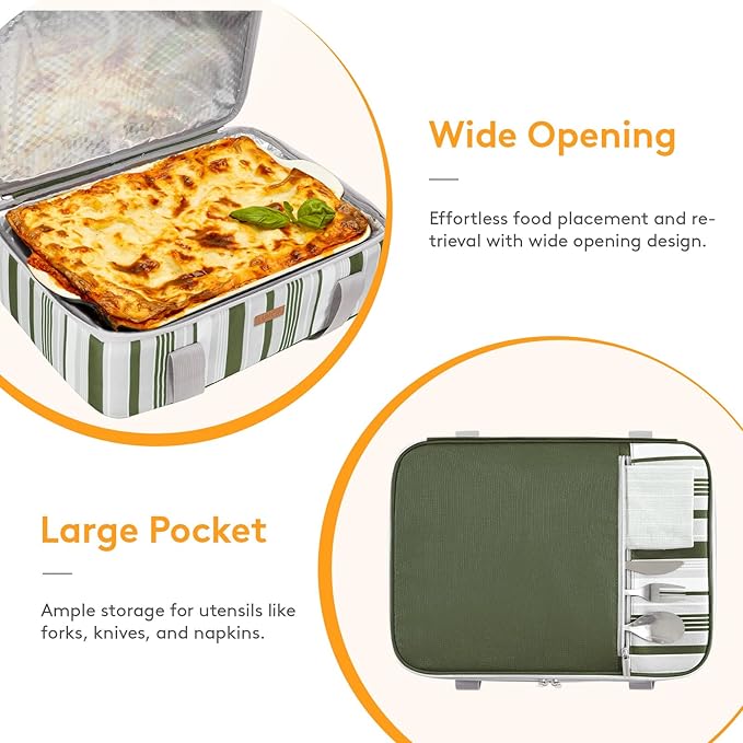 Lifewit LUNCIA Insulated Casserole Carrier for Hot or Cold Food, Lasagna Lugger Tote for Potluck Parties/Picnic/Cookouts, Fits 9"×13" Baking Dish, Dark Green