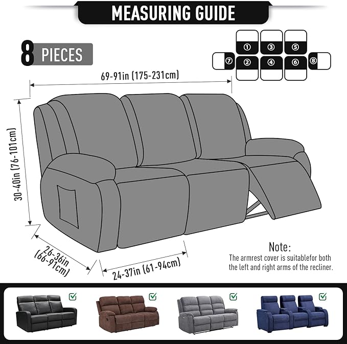 TAOCOCO Recliner Sofa Covers 8-Pieces Stretch Large Couch Covers for 3 Seats Reclining Slipcovers Soft Jacquard Pattern Furniture Protector (Black)