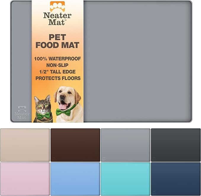 Neater Pet Brands Neater Mat Pet Mats for Food and Water, Cat & Dog Bowl Mat Waterproof Silicone, Feeding Tray, Dog Food Mats for Floors, Placemat w/Raised Edge for Under Bowls, 32" x 24", Grey