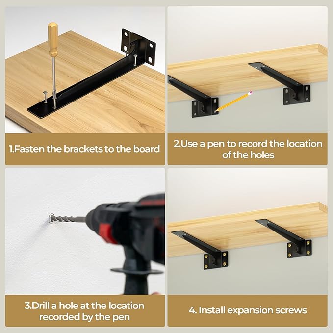 Heavy Duty Shelf Brackets 12 Inch, 1500 lbs Capacity, Hooks for Wall Mounted Shelves, L-Shaped Floating Shelf Brackets with Hanging (Black 4 Pack)