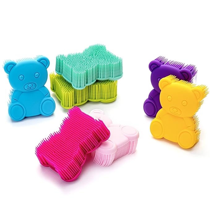 Premium Sensory Brush for Kids or Autism,Soft Silicone Body Scrubber,2 in 1 Sensory Room Occupational Therapy Sensory Brushes,Silicone Loofah,Pet Shower Brush Bath Brush Shampoo Brush(Bear-Pink)