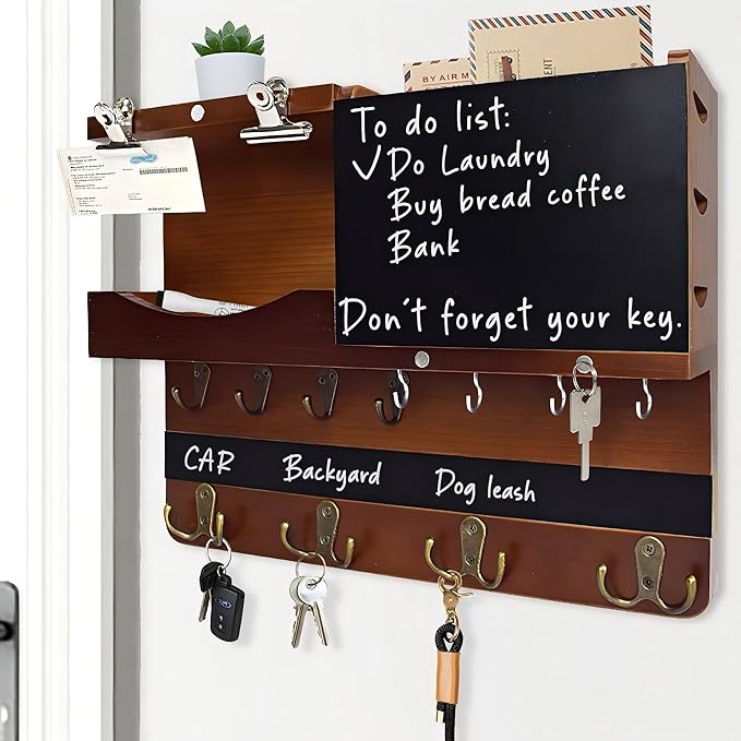 Key Holder for Wall Mount with Shelf and Mail Organizer, Key and Mail Holder with 16 Hooks, Farmhouse Entryway Organizer, Home Decor Rack(Pine Wood, Brown)