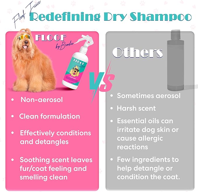 Floof by Brodie Floof Juice Dry Shampoo for Dogs - Hypoallergenic Conditioning Detangling - No Rinse Spray for Odor Control for Smelly Dogs, Waterless - Made in USA (10oz)