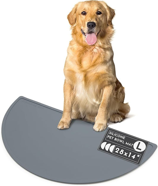 Should We Go? - Waterproof Silicone Pet Food Mat - Non-Slip Spill-Proof Feeding Mats for Floors, Raised Edge Design, Easy-to-Clean Rubber Mat for Dog & Cat Bowls, 28" Across x 14" Deep, Large-Charcoal