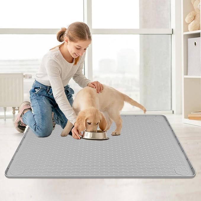Bartuke Cat Food Mat, 40" x 28" Extra Large Silicone Pet Feeding Mat with Raised Edge Pet Placemat for Food and Water Bowl Non-Slip, Easy to Clean, Floor Protection (Grey)