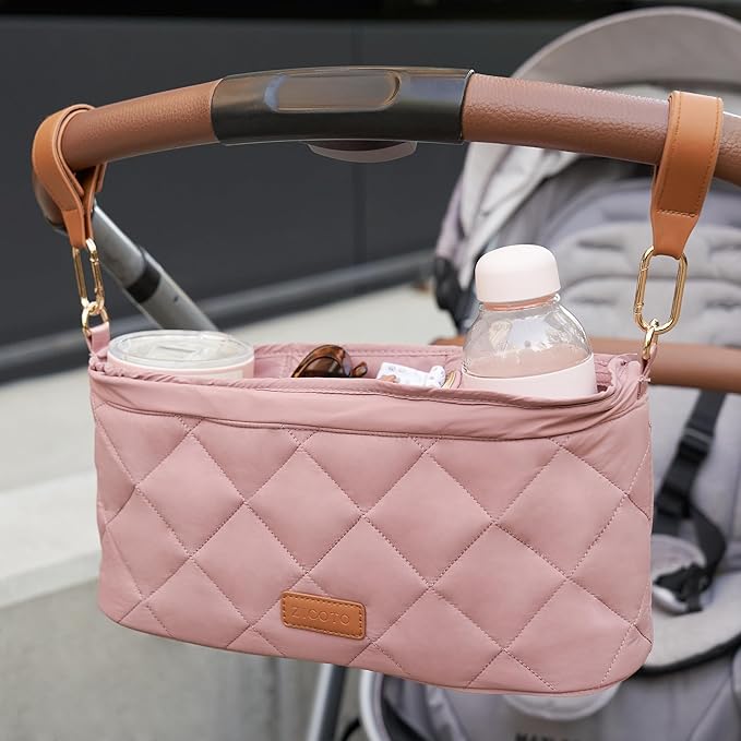 Beautiful Stroller Caddy Organizer With 2 Cup Holders – Luxury Stroller Bag, Universal Fit, Leather Straps & Zipper Pocket – Spacious Accessories Perfectly Fits Doona, Nuna & Uppababy Strollers