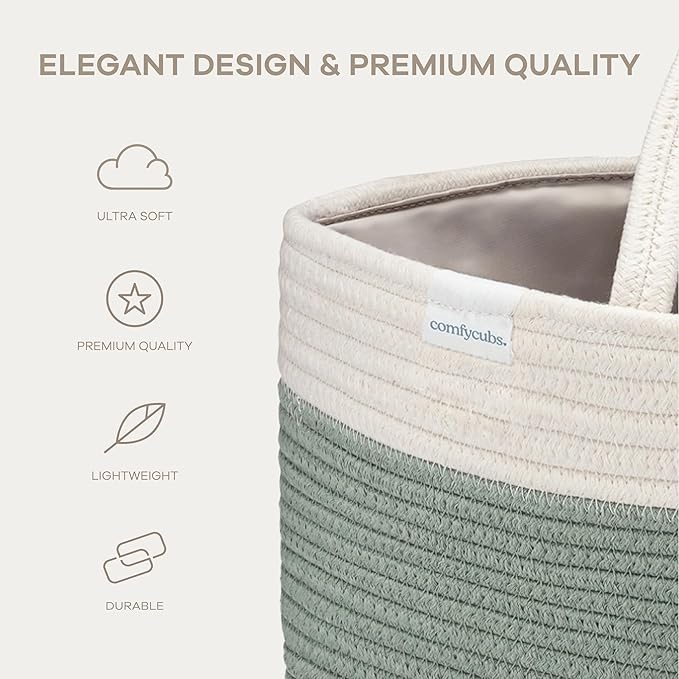 Comfy Cubs Rope Diaper Caddy Organizer 8.5" x 15" x 8" - Large Baby Diaper Basket with 3 Spacious Compartments - Stylish Cotton Baby Caddy Organizer for Diapers, Wipes & Essentials - Sage