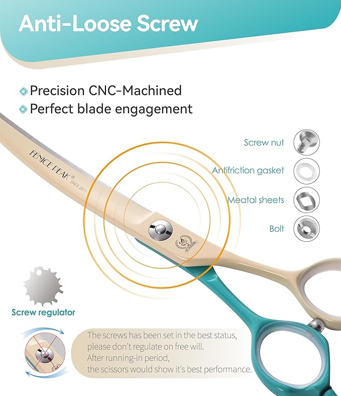 Fenice Peak Curved Dog Grooming Scissors with Coating 440C Stainless Steel, 7 inch Professional Curved Shears Dog Grooming，25 Degree of Curved Blade，Pet Shear for Trimming Face and Paws, Green & White