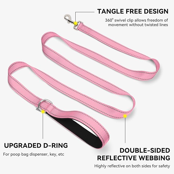 Joytale Dog Leash, 5 FT Double-Sided Reflective, Padded Handle Nylon Heavy Duty Leashes for Medium & Large Dogs Walking, Pink