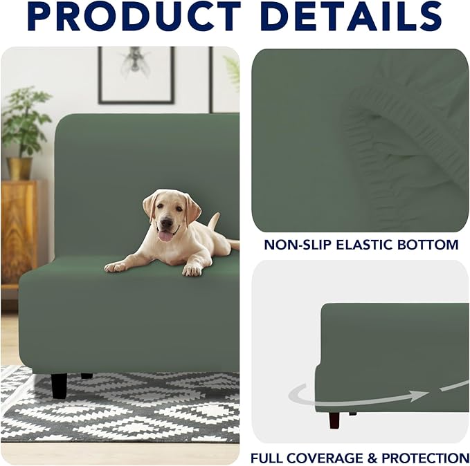 PureFit 100% Dual Waterproof Futon Cover - Stretch Non Slip Fleece Sofa Covers, Washable, Leakproof Furniture Protector for Kids, Pets, Dogs (Grayish Green)