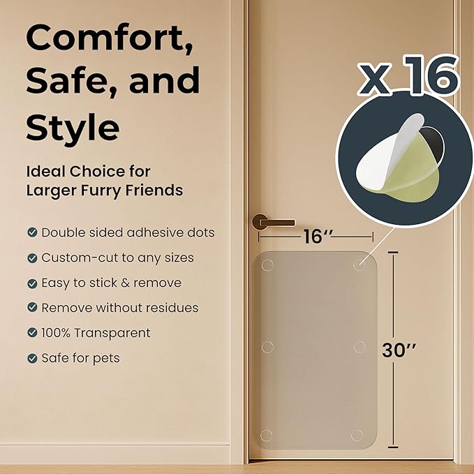 Door Protector from Dog Scratching 16 x 30'' Transparent PVC Pet Door Guard Protection, Custom-Cut Anti-Scratch Shield for Interior Doors, Heavy Duty Cat Damage Prevention 1-Pack