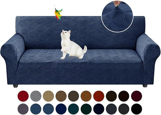 YEMYHOM 1 Piece Stretch Couch Covers for 3 Cushion Couch, Jacquard Sofa Cover with Non-Slip Elastic Bottom, Thickened Slipcover Furniture Protector for Dogs Pets (Large, Navy）
