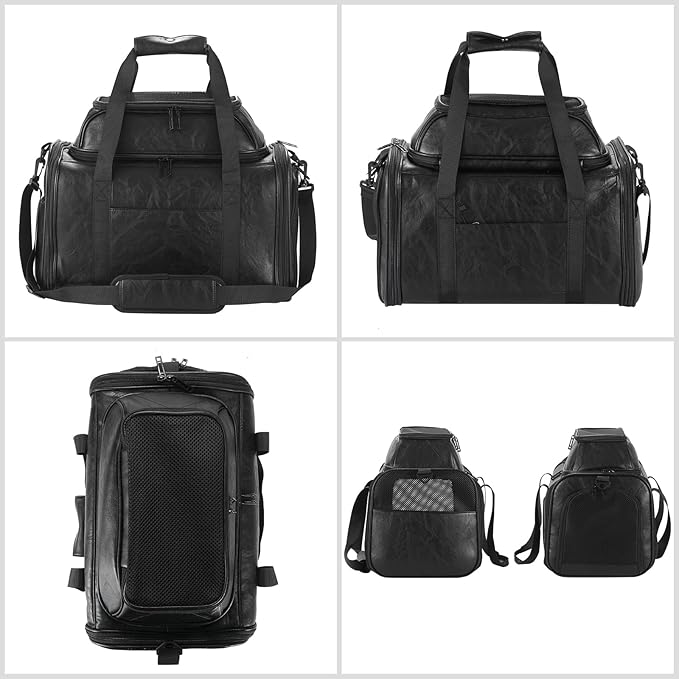Bosnanller Premium Leather Top Expandable Pet Carrier for Small Dogs & Cats Under 15 lbs, Airline Approved Collapsible Soft-Sided Luxury Travel Bag Black