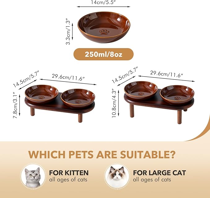 Elevated Ceramic Paw Print Cat Dish, Wide Whisker Friendly Anti-Slip Food & Water Bowl with 2 Heights Adjustable Acacia Wooden Stand for Cats (2 Dishes +Stand, Caramel Brown)