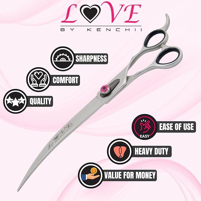 Kenchii Love Left Handed Dog Grooming Scissors, 9 Inch Curved Shears, Dog Scissors for Grooming, Professional Pet Grooming Scissors, Ergonomic & Comfortable