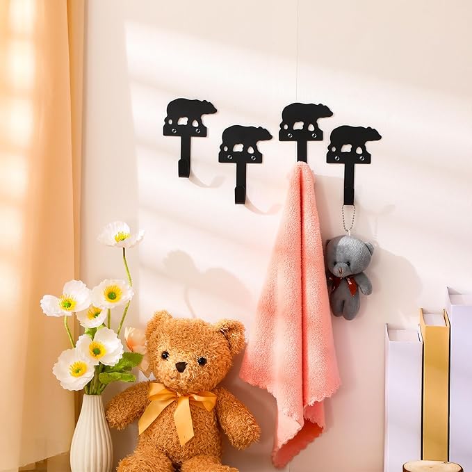 4 pcs Metal Bear Hooks Wall Mount Iron Black Decorative Wall Mounted Coat Hooks Cute Animal Key Hanger Decor for Dog Leashes, Towels, Hats