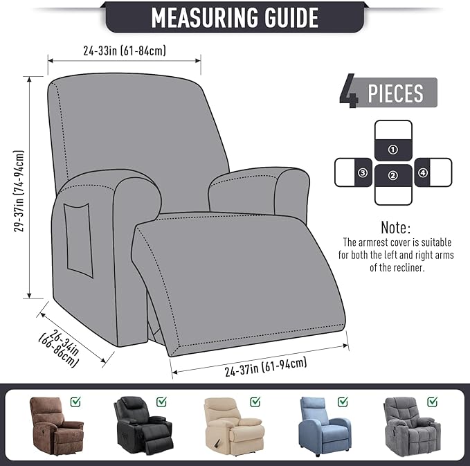 TAOCOCO Recliner Cover 4-Pieces, Recliner Stretch Sofa Slipcover, Recliner Cover 1 Seat, Couch Protector Soft, Furniture Protector Covers with Elastic,Chair Covers Jacquard Pattern (Charcoal Grey)