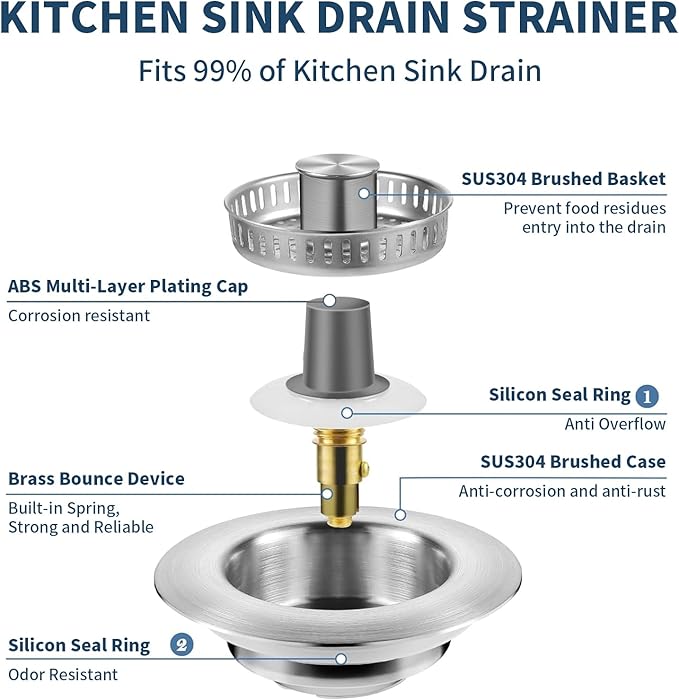 PROFECTUS 3 in 1 Kitchen Sink Drain Strainer and Stopper, 304 Stainless Steel Pop Up Sink Drain Stopper with Hair Catcher, Anti-Clog Sink Strainer for Standard 3-1/2” Kitchen Drains (SUS304 Brushed)