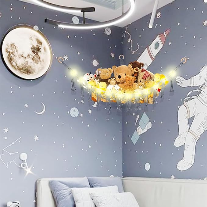 CERETIA Stuffed Animal Hammock with LED Light, Large Stuffed Animals Storage Corner Plushie Net for Kids Room Decor, Grey