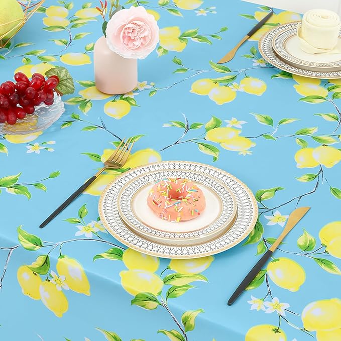 misaya Rectangle Waterproof Vinyl Table Cloth, Wipeable Tablecloth with Flannel Backing, Plastic Table Cover for Dinner, Picnic, Indoor and Outdoor (Lemon, 60" x 102")