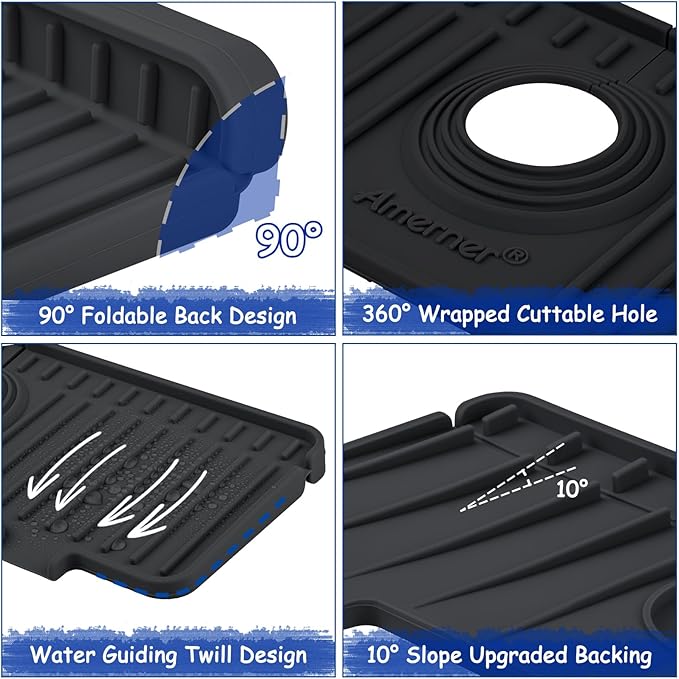 Amerner Kitchen Sink Splash Guard, 10° Large Slope & Adaptable Hole Faucet Mat for Kitchen Sink, Silicone Sink Organizer Sponge Holder for Kitchen, Bathroom, RV, Bar, 14.2” x 5.1”, Black