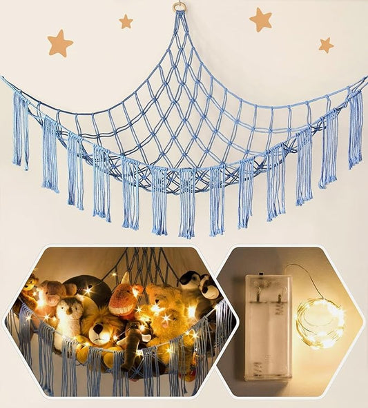 RelaxScene Stuffed Animal Storage Hammock Corner X-Large with LED Light - Baby Hammock Hanging Holder Plushies Net for Stuff Animals Organizer - Cute Room Decor Aesthetic Kids Toddler Nursery Bedroom