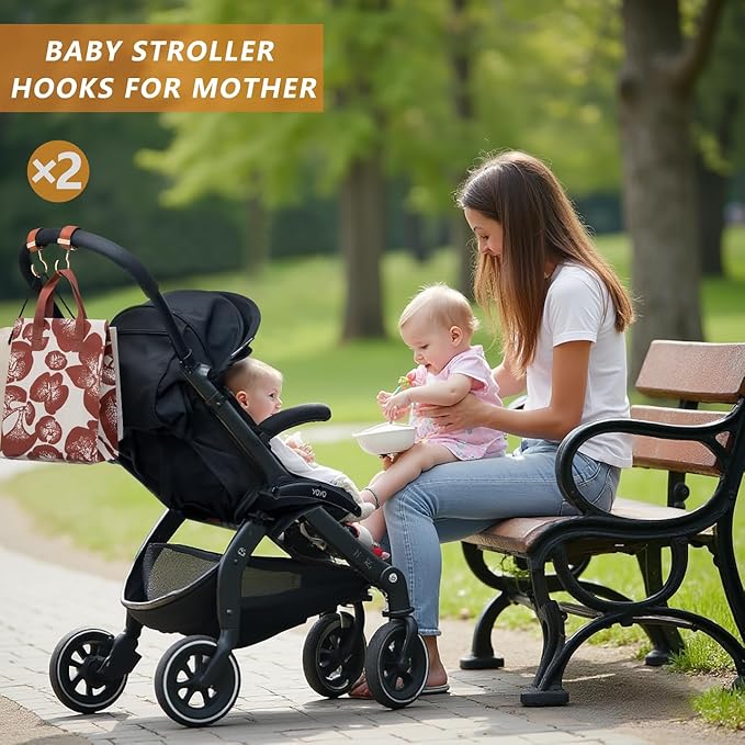 2 Pack Stroller Hooks,Strong Synthetic Leather Hook-and-Loop Fastener&High-Quality Metal Hooks,Universal Bag Clip|360° Rotation, 66lb Capacity,Non-Slip-Fits Wheelchair(Black-Rose Gold)