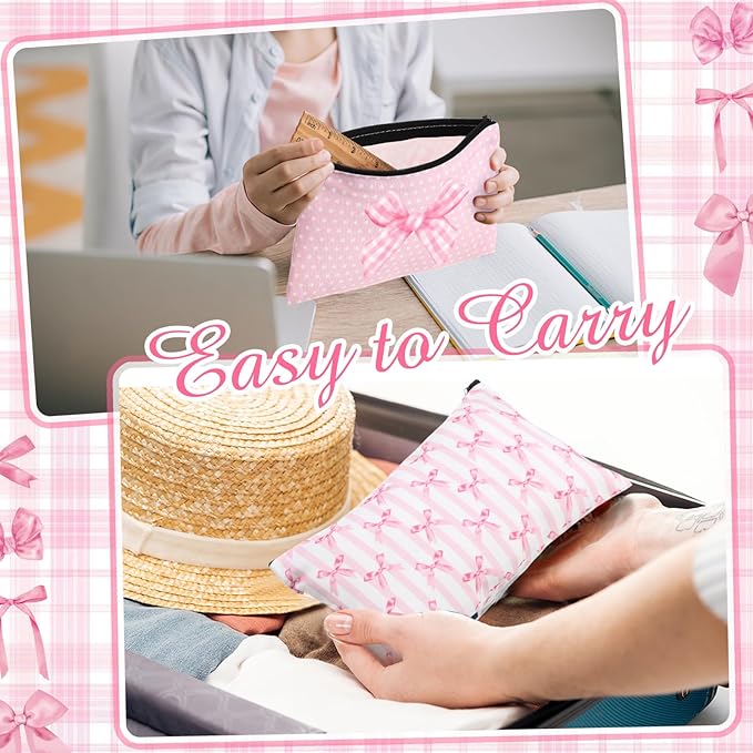 Reginary 20 Pieces Pink Bow Cosmetic Bag for Women, Roomy Pink Bow Makeup Bags with Zipper Toiletry Bag Pouch Travel Accessory Organizer Valentine's Day Gifts, 7 x 4.3 Inches