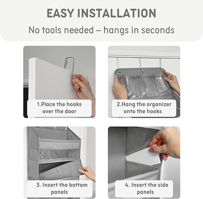 Over The Door Organizer Hanging with 5 Large & 6 Side Pockets 5 Tier Behind Door Storage 50 lbs for Closet, Nursery, Bathroom Door Organizer, 1 Pack, Grey