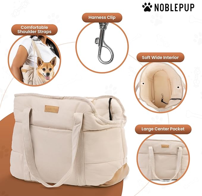 NoblePup Plush Dog Purse Carrier for Small Dogs, Soft Dog Tote Bag with Safety Harness Clip, Cozy Pet Carrier for Dogs Under 15 lbs, Comfortable Dog Shoulder Carrier for Travel, White