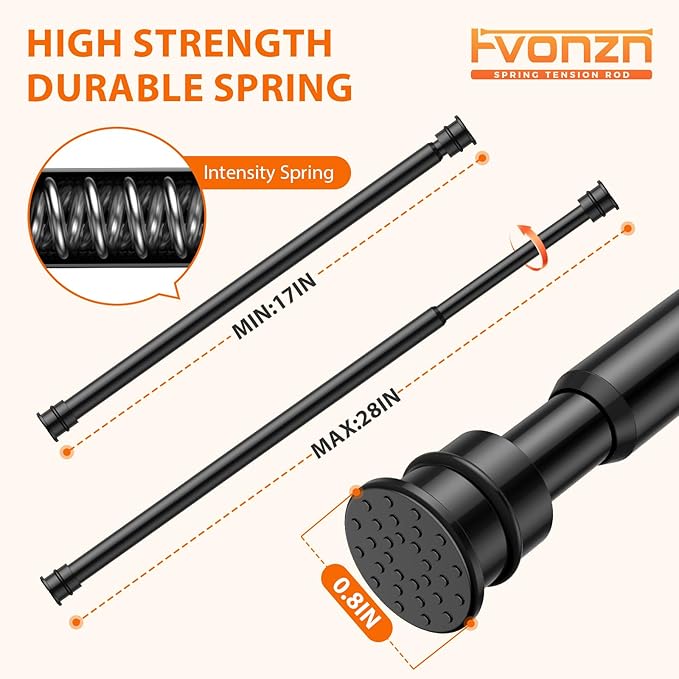 Tension Curtain Rod 17 to 28 Inch Adjustable Tension Rods 4 Pack Expandable Spring Tension Rod Black No Drilling for Closet Kitchen Cupboard Wardrobe Door Bookshelf DIY Projects