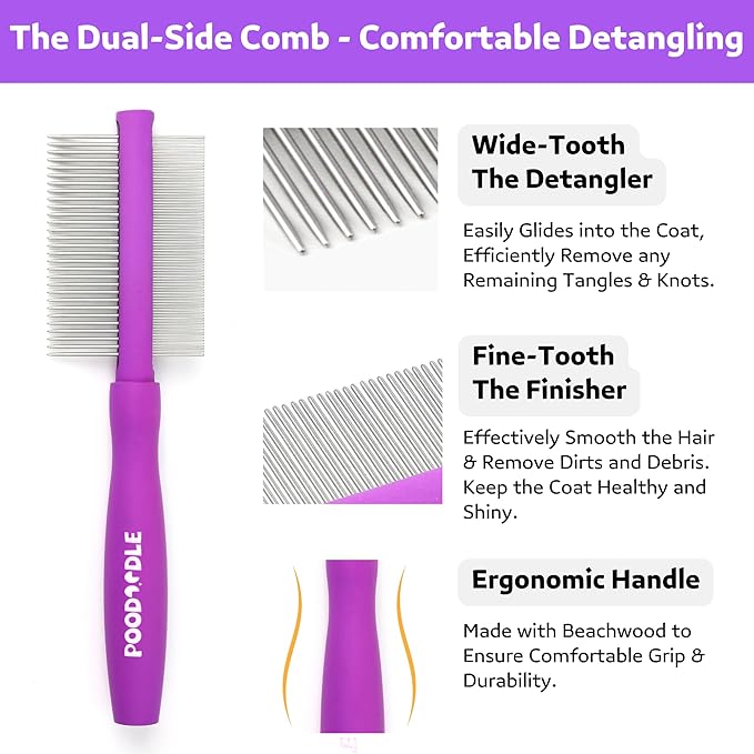 Poodoodle Pain-Free Dematting Comb Kit for Dogs & Cats, Dematting Rake & Detangling Dual-Side Comb Set, Dematting Brush for Dogs & Cats, Pet Grooming Tools Kit for Poodle Doodle & All Long Haired Pets
