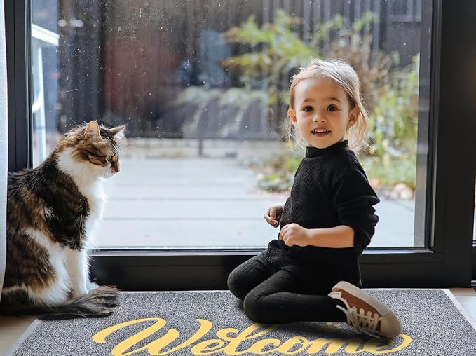 T.HENV Welcome Mat Outdoor, 2 Pack 30x17.5 Waterproof All-Season Front Door Mat Outside Entrance, All-Weather Quick Drying, Low Profile Doormat Indoor, Patio Porch Entryway Mat, Grey-Gold