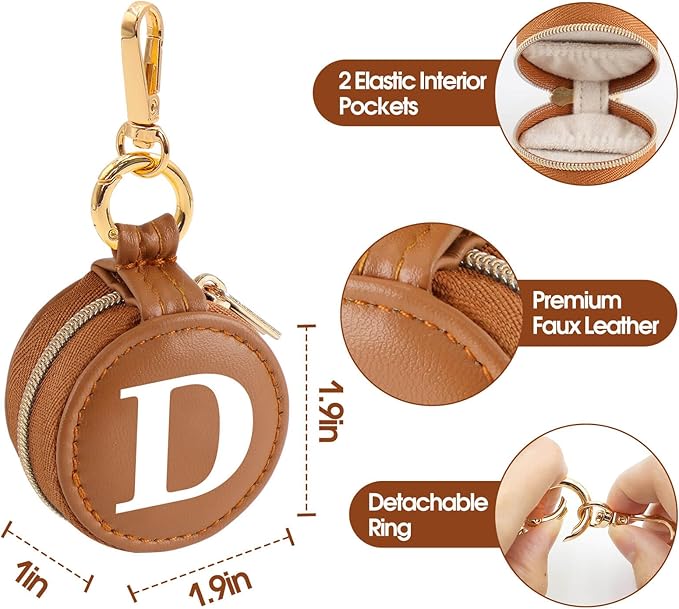 Mini Initial Travel Jewelry Case Ring Holder, Brown Faux Leather Small Jewelry Organizer Box Gifts for Women Girls Nurse Teacher, Gym Travel Accessories Keychain Pouch for Earrings Rings Necklace D