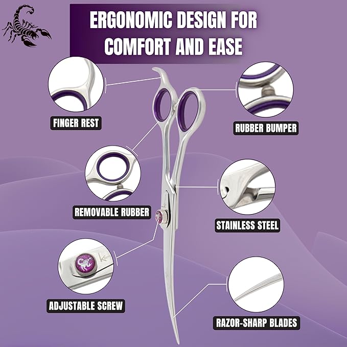 Kenchii Scorpion 7 Inch, Curved Grooming Scissors for Dogs and Pets - Premium Steel Scissors for Dog Grooming - Dog Shears Pet Grooming Accessories - Pet Hair Trimming Scissor