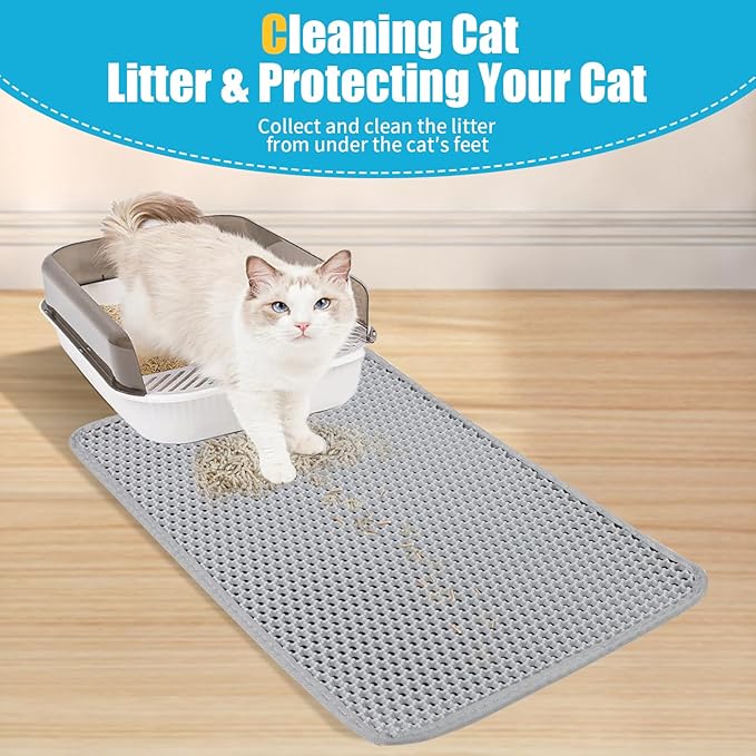 Cat Litter Mat, Kitty Litter Collector, Double Layered Honeycomb Design Waterproof, Anti Urine, Anti Slip, Easy to Clean, Limit Garbage (30"x24", Grey)