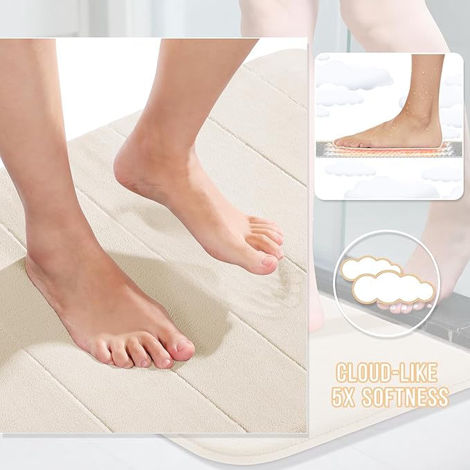 Yimobra Long Bath Mat 44"x24", Super Soft Quick Dry Memory Foam Bathroom Rug, Water Absorbent, Non Slip Backing Machine Washable for Tub Shower, Thick Comfort Support, Cream