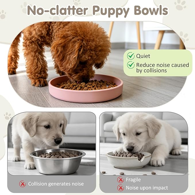 VCEPJH 2 Pack Silicone Dog Plates for Food Shallow Pet Bowl Flat Puppy Food Bowl Whisker Fatigue Cat Feeding Bowls Noiseless Dishes for Dry and Wet Food (Round Pink)