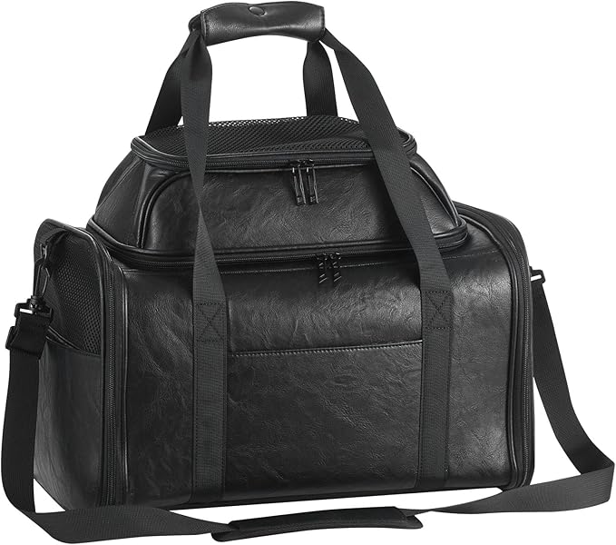 Bosnanller Premium Leather Top Expandable Pet Carrier for Small Dogs & Cats Under 15 lbs, Airline Approved Collapsible Soft-Sided Luxury Travel Bag Black