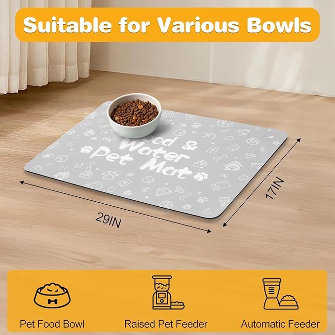 Pet Feeding Mat,Dog Cat Mat for Food and Water,Dog Bowl Waterproof Placemat with Rubber Backing,Absorbent Quick Dry Water Dispenser Mat for Pet（Light Gray 17"×29"）
