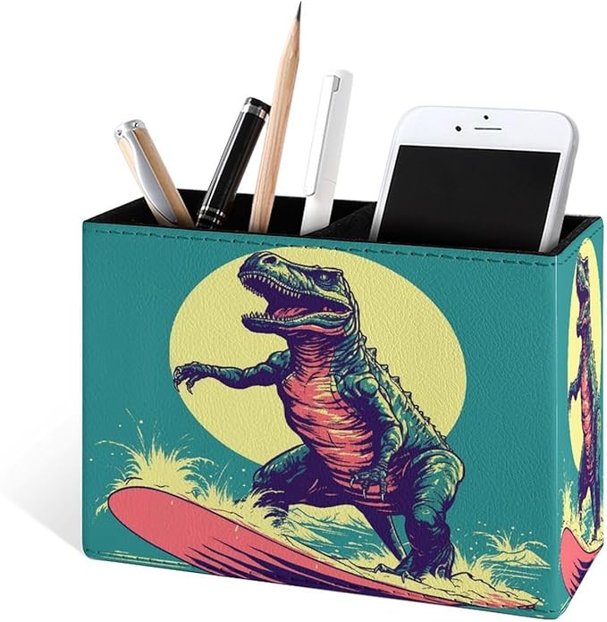 Famame Surfing Vintage Dinosaur Pencil Holder for Desk, Leather Desktop Container Pen Cup Storage Study Table Pen Organizer Makeup Brush Holder for Classroom Office Home