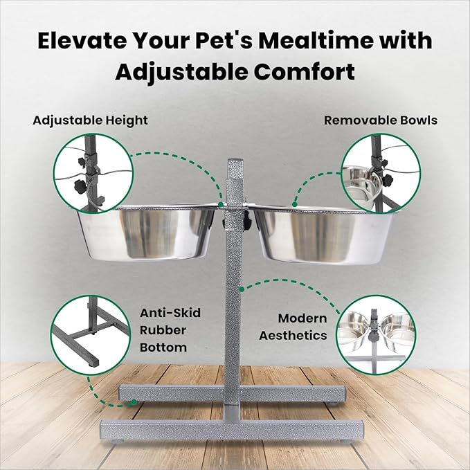 Iconic Pet Adjustable H-Design Double Diner - Non-Skid Rubber Base Noise Free Stable Dog Food Stand with 2 Quart/ 64 oz Stainless Steel Elevated Dog Food Bowls for Proper Growth & Digestion