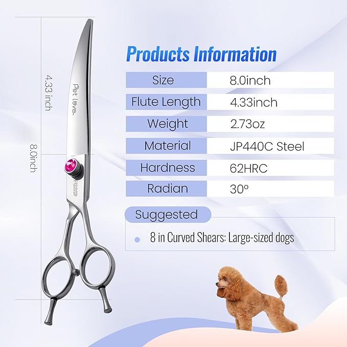 Curved Scissors for Dog Grooming Professional 8 inch Long Downward Curved Shears for Poodle Large Dogs Pet 30°Japanese 440C Stainless Steel Right Handed(8.0'',Curved)